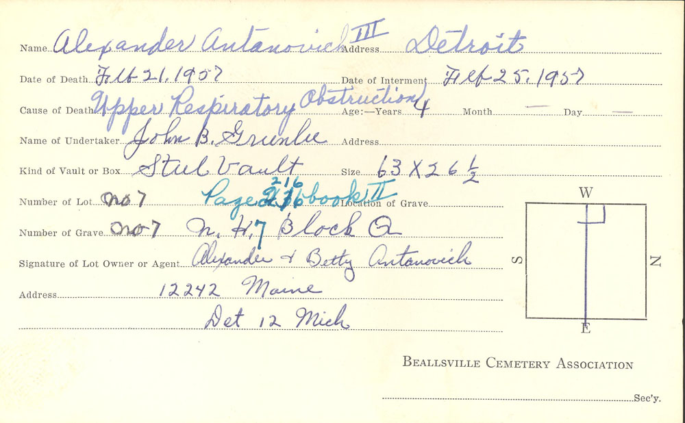 Alexander Antanovich III burial card
